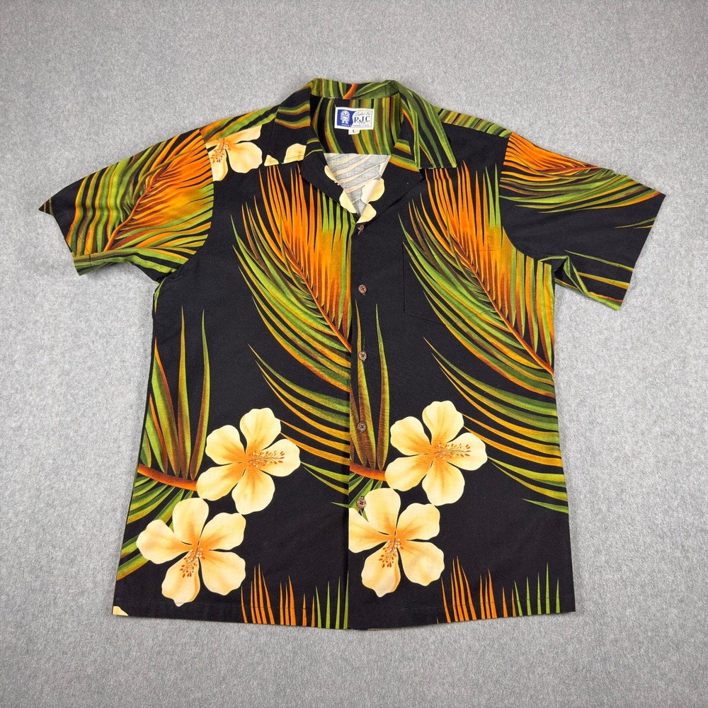 Vintage Hawaiian Shirt RJC Large 90s‎ Black Floral Made Hawaii USA Aloha
